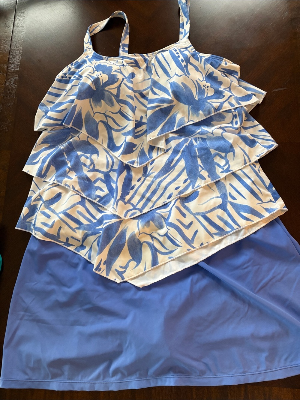 Susan Graver Blue and White Floral Ruffle Tankini Skirt Set